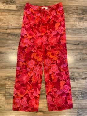 Women's Victoria's Secret Bright Floral Wide Leg Red Pink Tie Waist Sheer Pants